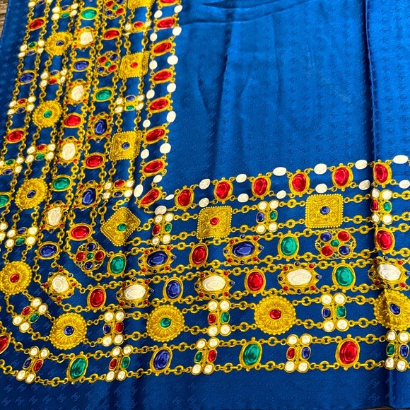 Authentic CHANEL Blue Scarf with Gold and Red Accents